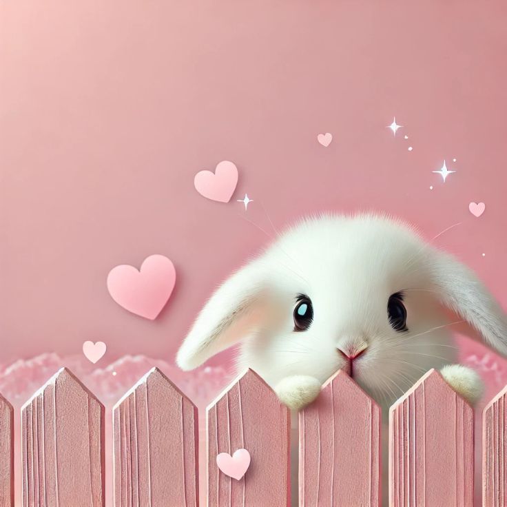 A cute white bunny peeking over a pink wooden fence with big sparkling eyes and soft fur. The pastel pink background has small floating hearts, creating a dreamy and adorable atmosphere.