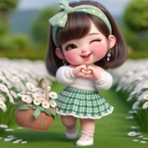 A cute animated girl with short brown hair, wearing a green plaid skirt and a matching headband, smiling and making a heart gesture while holding a basket of daisies in a field.