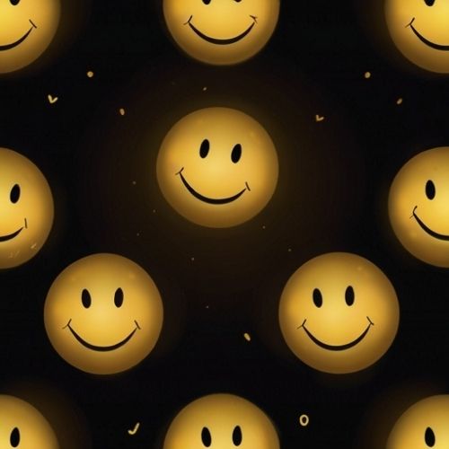 A glowing yellow smiley face ball with 'Keep Smiling' text, surrounded by heart decorations on a dark background, radiating warmth and positivity.