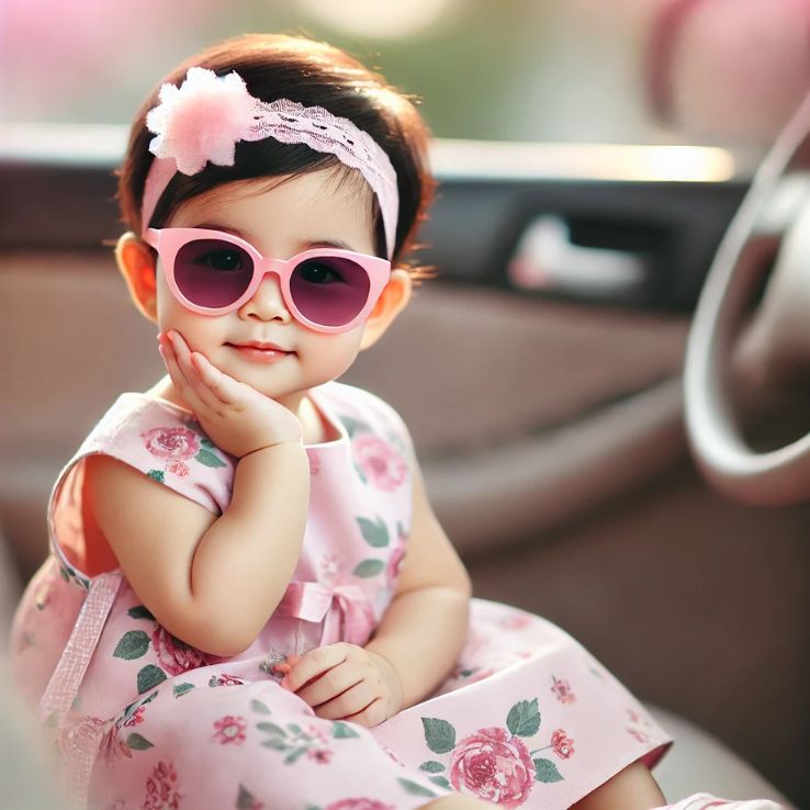 cute, stylish baby girl sitting in a car, wearing pink glasses and a floral dress, with a thoughtful expression.