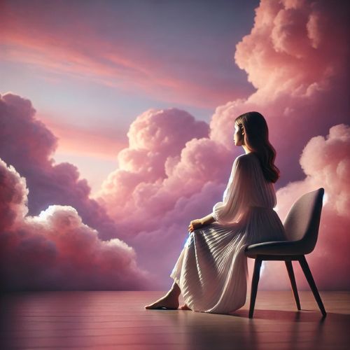 A young woman in a white dress sitting on a modern chair, gazing at a pink and purple cloudy sky, creating a peaceful and dreamy atmosphere.