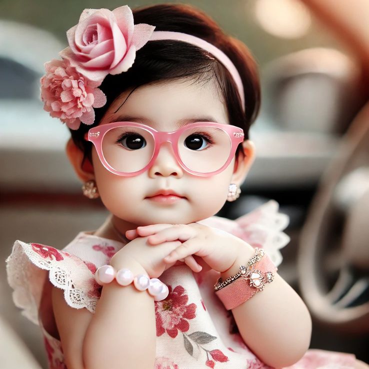 cute, stylish baby girl sitting in a car, wearing pink glasses and a floral dress, with a thoughtful expression.