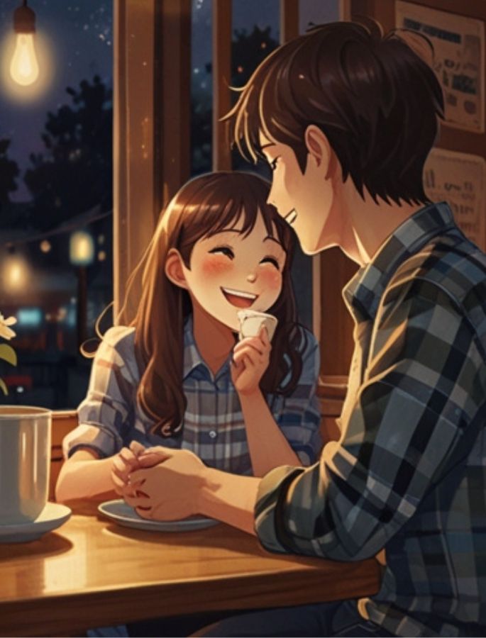 Anime-style couple in a cozy café. Boy playfully taps girl's nose with cream, warm and cute atmosphere.