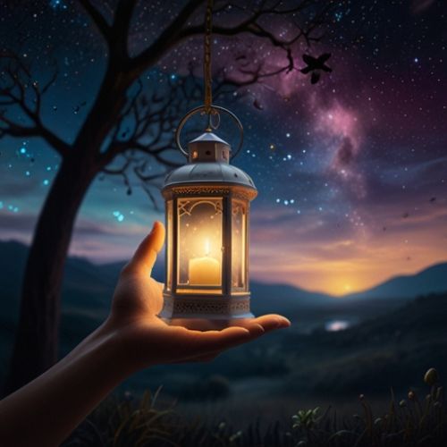 A glowing white lantern held in a dreamy night landscape, releasing golden light in the shape of a heart, creating a mystical and romantic atmosphere.