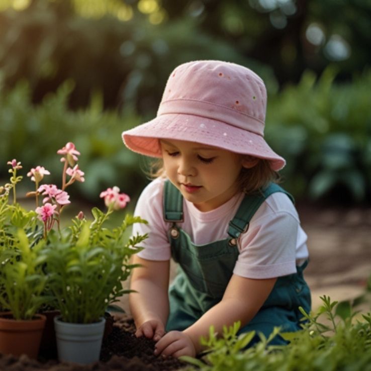 A cute little child wearing a pink hat, watering a small plant in a lush green garden. The child has a peaceful and dreamy expression, with soft sunlight creating a warm and cozy atmosphere.
