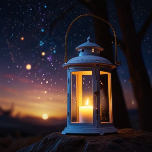 A glowing white lantern held in a dreamy night landscape, releasing golden light in the shape of a heart, creating a mystical and romantic atmosphere.