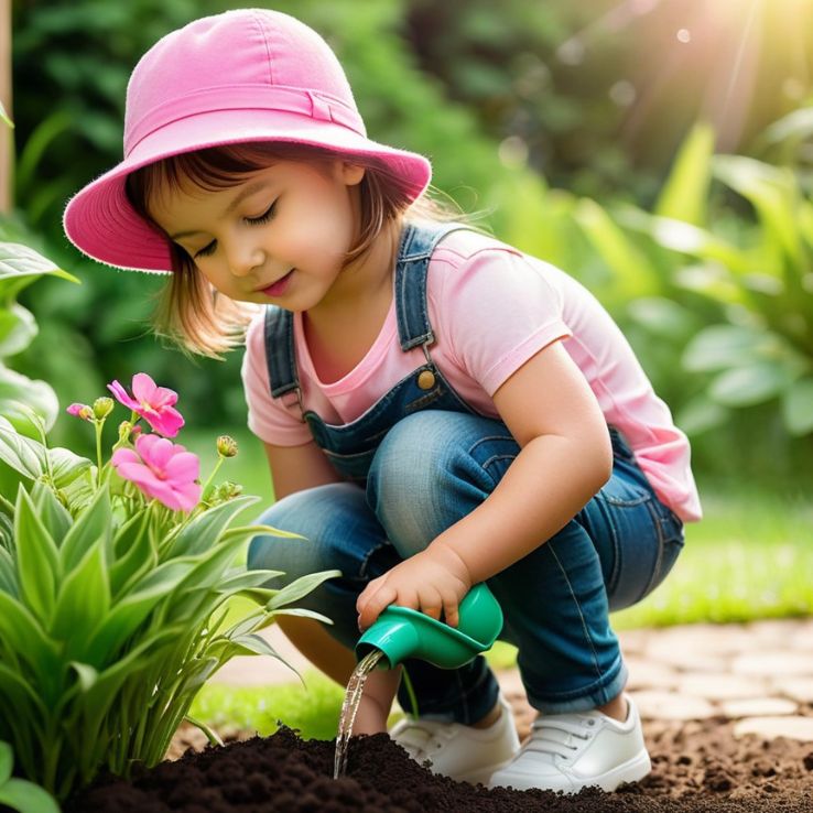A cute little child wearing a pink hat, watering a small plant in a lush green garden. The child has a peaceful and dreamy expression, with soft sunlight creating a warm and cozy atmosphere.
