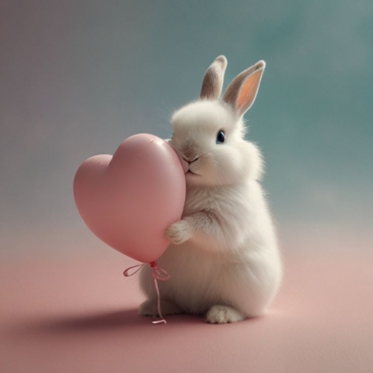 A fluffy white bunny holding a pink heart-shaped balloon, sitting on a soft pastel surface. Another heart balloon floats in the background, creating a cute and dreamy atmosphere.