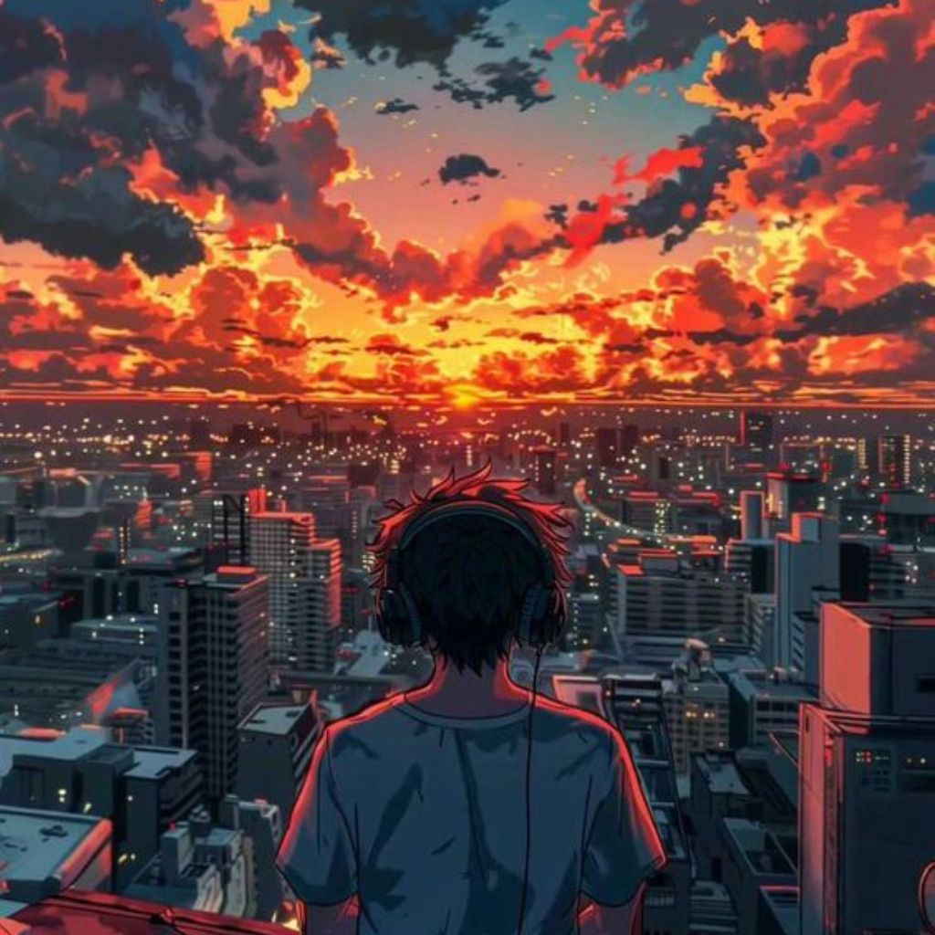 An anime-style illustration of a boy, viewed from behind, wearing headphones on a rooftop. He’s looking out over a sprawling cityscape illuminated by warm sunset tones, with dramatic orange and red clouds filling the sky.