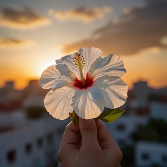A hand holding a white hibiscus flower aligned with the setting sun, creating a glowing center against a softly blurred cityscape.