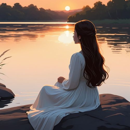 A young woman in a white dress sits on a rock by the river, gazing at the golden sunset with her long hair flowing.