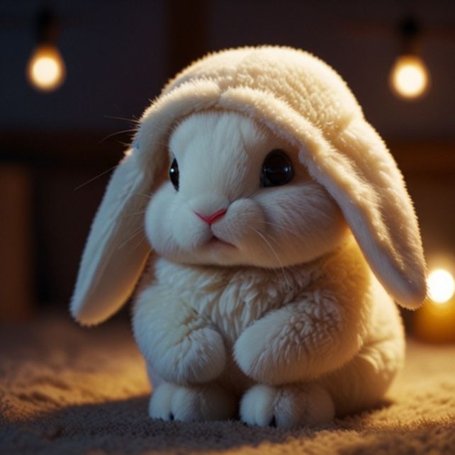 A cute white bunny wearing a yellow hoodie, sitting in a cozy, warm environment with glowing lights in the background.