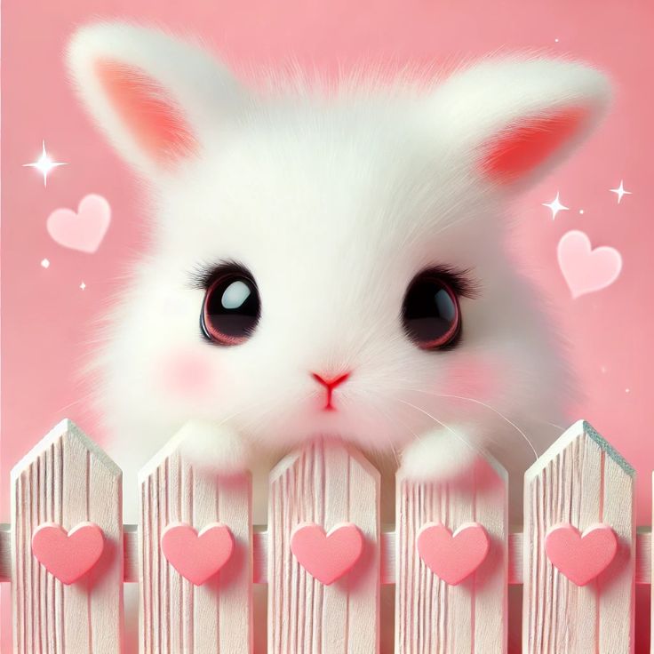A cute white bunny peeking over a pink wooden fence with big sparkling eyes and soft fur. The pastel pink background has small floating hearts, creating a dreamy and adorable atmosphere.