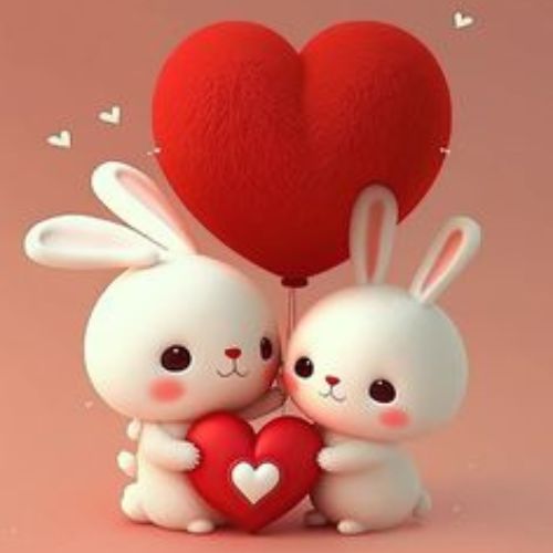 Two adorable white rabbits holding a red heart together, with a floating red heart balloon behind them, surrounded by small heart decorations.