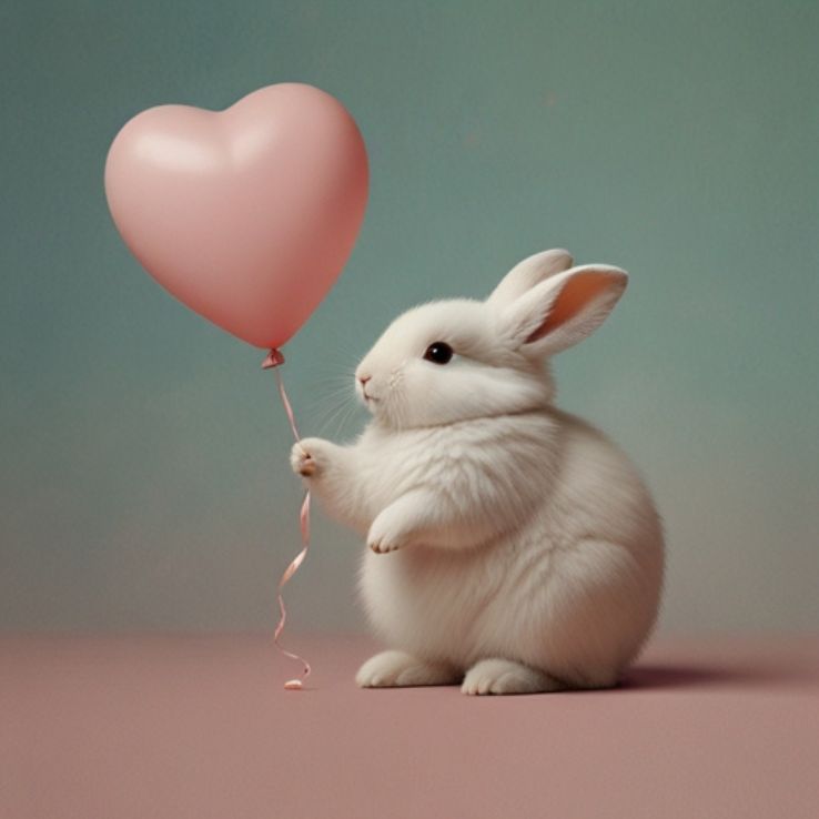 A fluffy white bunny holding a pink heart-shaped balloon, sitting on a soft pastel surface. Another heart balloon floats in the background, creating a cute and dreamy atmosphere.