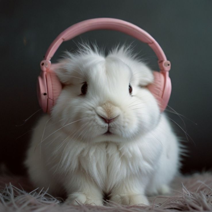 A fluffy white bunny wearing pink headphones, relaxing on a soft pink blanket near a window. The cozy lighting and gentle expression make the scene feel warm and peaceful.