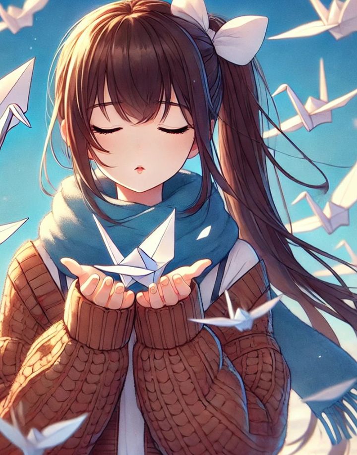 A serene girl in a blue sweater and scarf, gazing at the sky with paper pieces floating around.