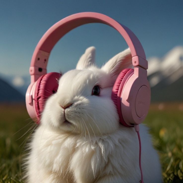 A fluffy white bunny wearing pink headphones, relaxing on a soft pink blanket near a window. The cozy lighting and gentle expression make the scene feel warm and peaceful.