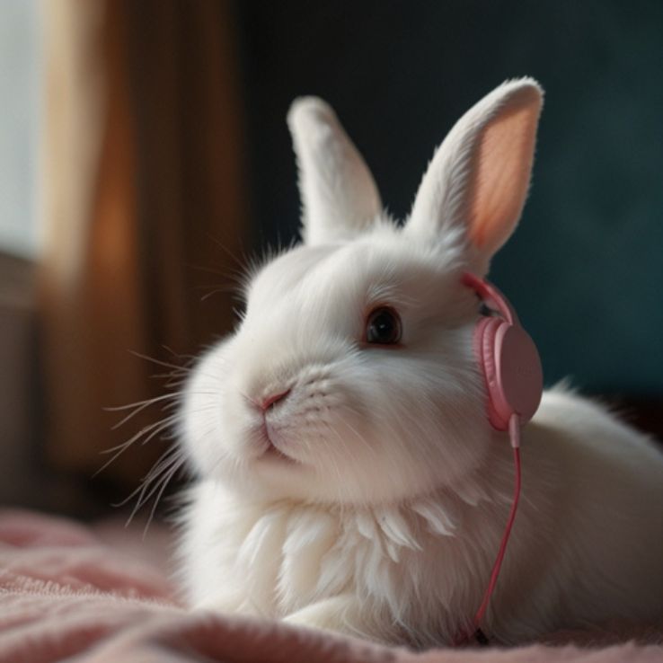 A fluffy white bunny wearing pink headphones, relaxing on a soft pink blanket near a window. The cozy lighting and gentle expression make the scene feel warm and peaceful.