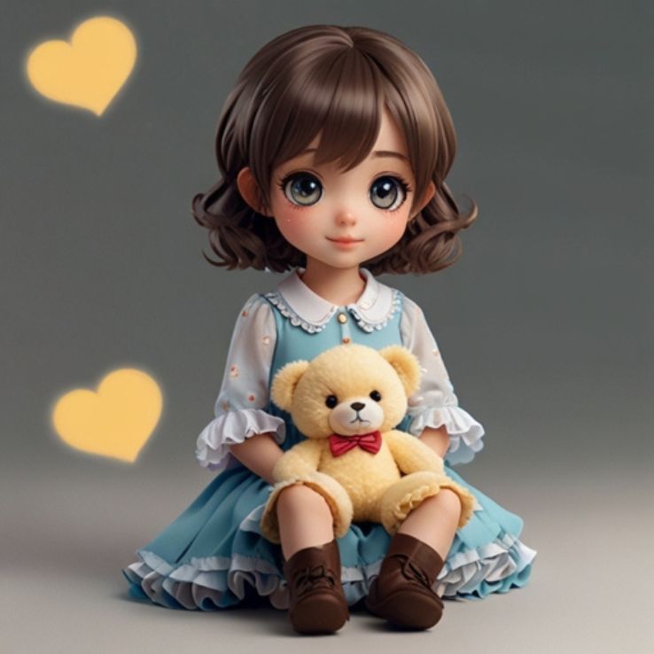 A cute chibi girl with big sparkling eyes, wearing a pastel dress and holding a teddy bear.