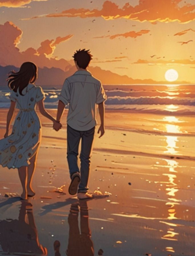 Anime-style couple walking on the beach at sunset. Boy in a white shirt, girl in a summer dress, waves touching their feet.