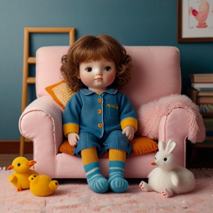 A cute, sleepy doll-like child in blue duck-printed pajamas and orange-striped socks, sitting on a soft pink armchair with an open book in their lap.