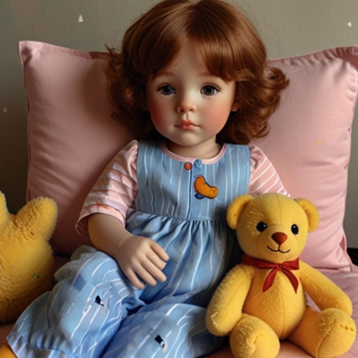 A cute, sleepy doll-like child in blue duck-printed pajamas and orange-striped socks, sitting on a soft pink armchair with an open book in their lap.