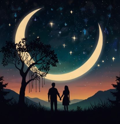 A stylized illustration of a couple standing together in front of a large crescent moon in a starry night sky. The scene has a magical, romantic ambiance with glowing fireflies and hanging vines adding to the dreamlike atmosphere.