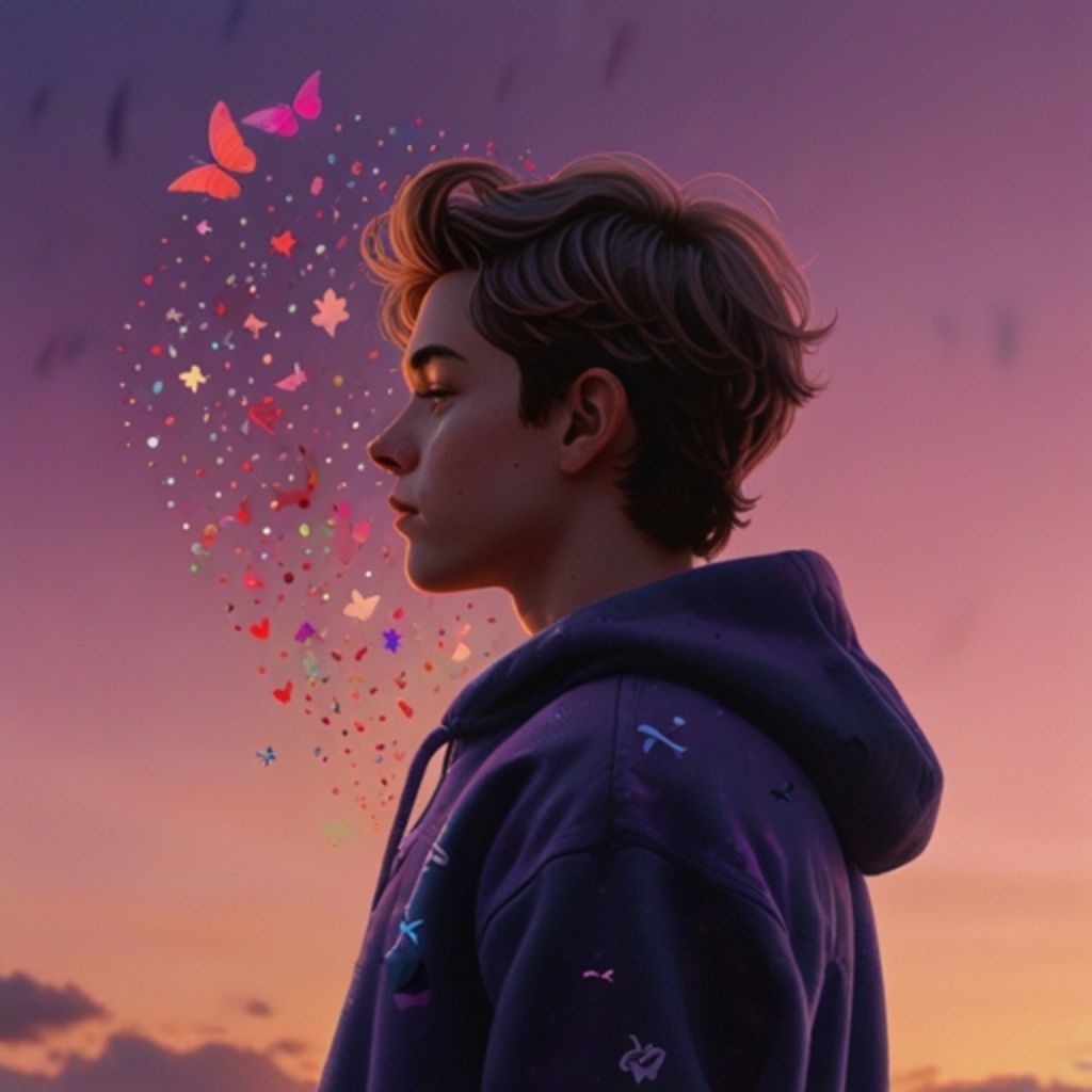 A stylized, dreamy illustration of a boy seen from behind, wearing a hoodie, with his hair gently blowing in the wind. The background features a vibrant purple and pink gradient sky,