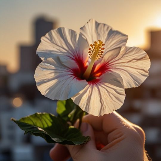 A hand holding a white hibiscus flower aligned with the setting sun, creating a glowing center against a softly blurred cityscape.