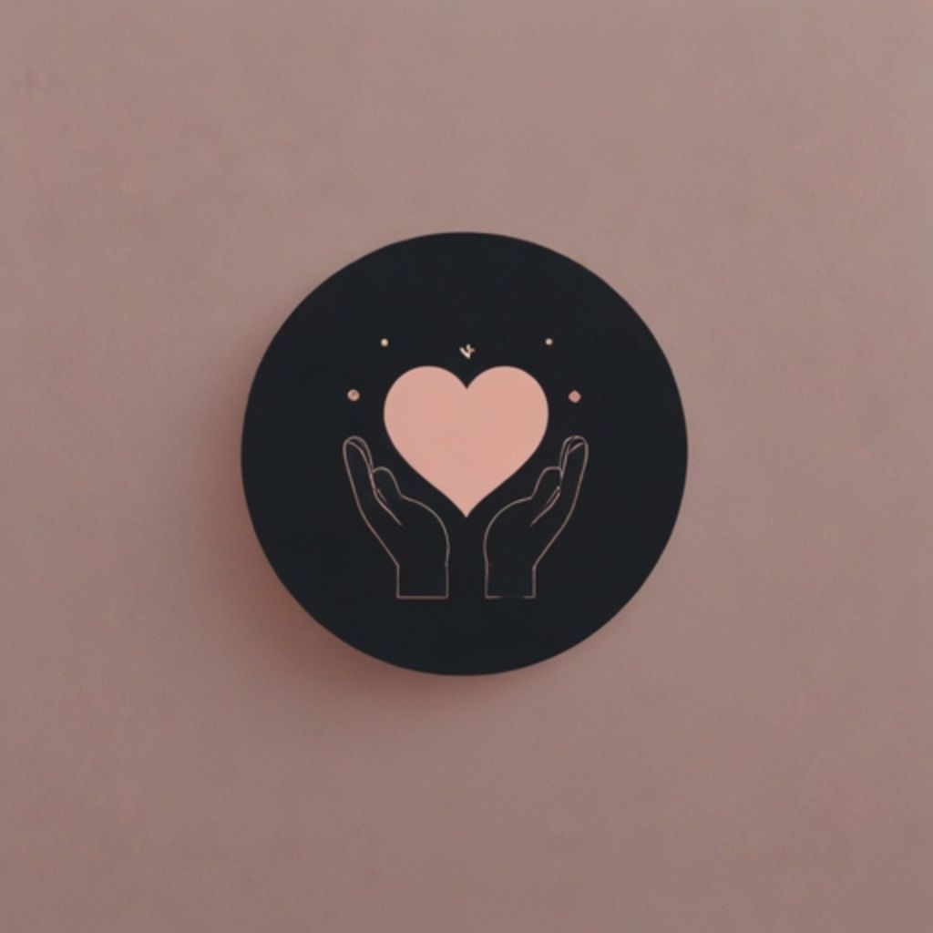 A minimalistic circular icon with a dark background, featuring stylized off-white hands forming the Korean finger heart gesture. A pastel pink heart with a subtle glow floats above, creating a cute and playful vibe.