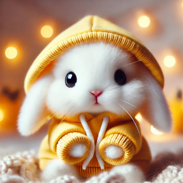 A cute white bunny wearing a yellow hoodie, sitting in a cozy, warm environment with glowing lights in the background.