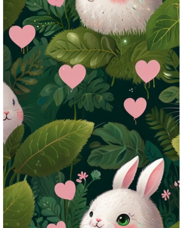 A cute fluffy white bunny peeking out from behind green leaves, with big sparkling eyes and blushing cheeks. Small pink hearts float around, giving a soft and adorable vibe.