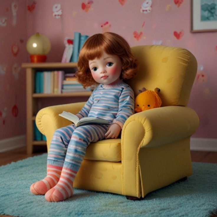 A cute, sleepy doll-like child in blue duck-printed pajamas and orange-striped socks, sitting on a soft pink armchair with an open book in their lap.