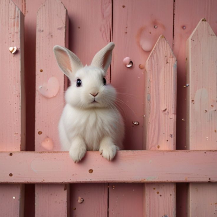 A cute white bunny peeking over a pink wooden fence with big sparkling eyes and soft fur. The pastel pink background has small floating hearts, creating a dreamy and adorable atmosphere.