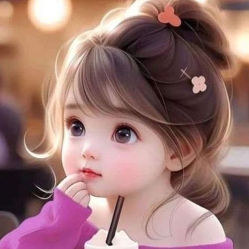 A charming anime-style girl with big expressive eyes, wearing a purple sweater, sipping a drink with a straw while gazing dreamily.