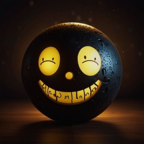 A glowing yellow smiley face ball with 'Keep Smiling' text, surrounded by heart decorations on a dark background, radiating warmth and positivity.