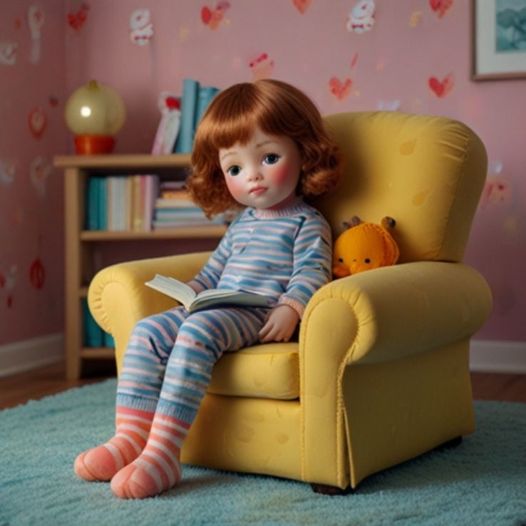 A cute, sleepy doll-like child in blue duck-printed pajamas and orange-striped socks, sitting on a soft pink armchair with an open book in their lap.