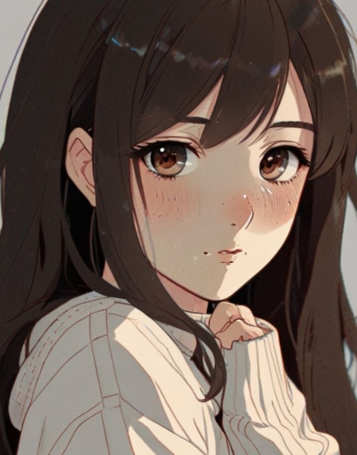 A soft, warm-colored anime-style illustration of a young girl with long brown hair, wearing a cozy white sweater. She has a gentle expression, with slightly blushed cheeks and warm brown eyes.