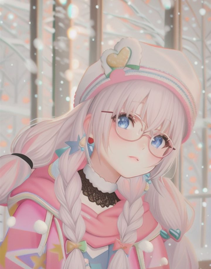 A beautifully illustrated anime-style girl with long, light pink braided hair. She wears a stylish hat, glasses, and colorful accessories. The background showcases a snowy scene with soft, glowing lights.