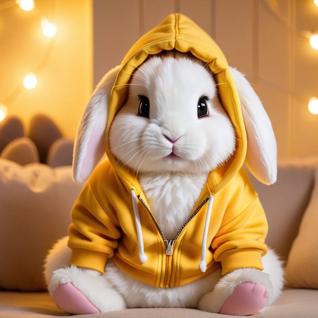 A cute white bunny wearing a yellow hoodie, sitting in a cozy, warm environment with glowing lights in the background.