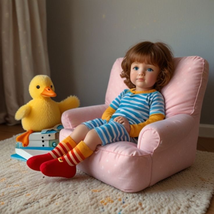 A cute, sleepy doll-like child in blue duck-printed pajamas and orange-striped socks, sitting on a soft pink armchair with an open book in their lap.