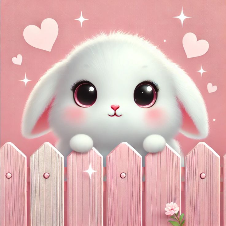 A cute white bunny peeking over a pink wooden fence with big sparkling eyes and soft fur. The pastel pink background has small floating hearts, creating a dreamy and adorable atmosphere.