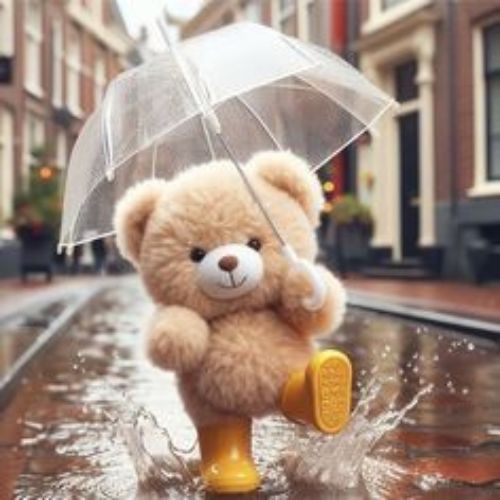 A fluffy teddy bear wearing yellow rain boots, joyfully splashing in puddles on a wet street while holding a transparent umbrella.