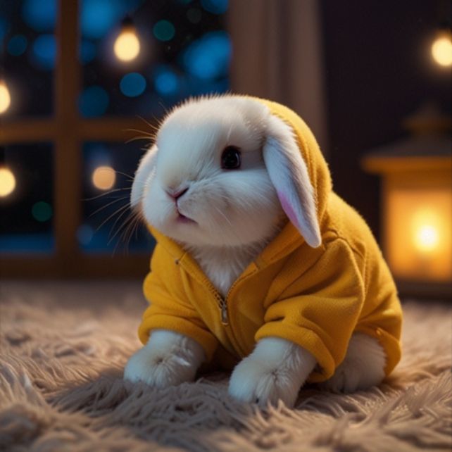 A cute white bunny wearing a yellow hoodie, sitting in a cozy, warm environment with glowing lights in the background.