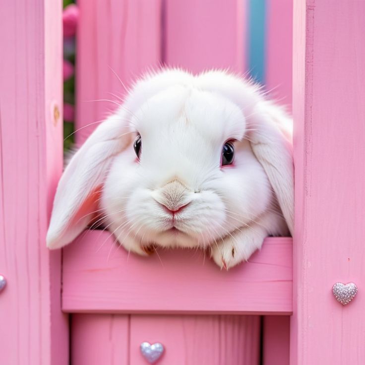 A cute white bunny peeking over a pink wooden fence with big sparkling eyes and soft fur. The pastel pink background has small floating hearts, creating a dreamy and adorable atmosphere.