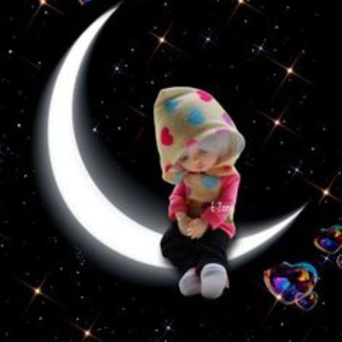A small doll-like figure wearing a colorful heart-patterned hat, sitting on a glowing crescent moon against a starry night sky.