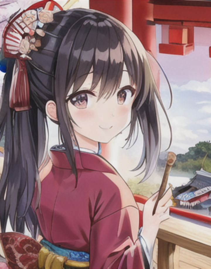 A beautiful anime girl in a traditional Japanese kimono, adorned with intricate hair ornaments, stands by a temple with a serene landscape behind her. She holds a small wooden stick and has a gentle smile on her face.