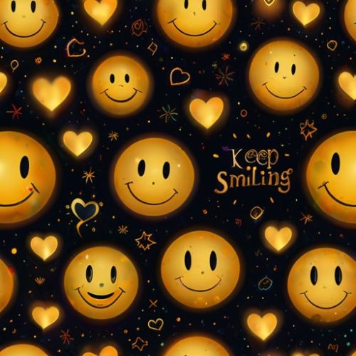 A glowing yellow smiley face ball with 'Keep Smiling' text, surrounded by heart decorations on a dark background, radiating warmth and positivity.