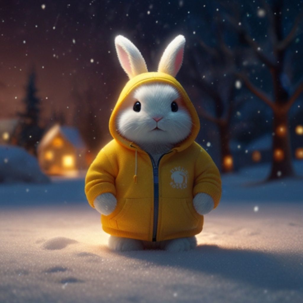 A cute, chibi-style white bunny with big round eyes wearing a yellow hoodie that says ‘Spreading love,’ standing on a snowy surface against a background of warm, glowing lights.